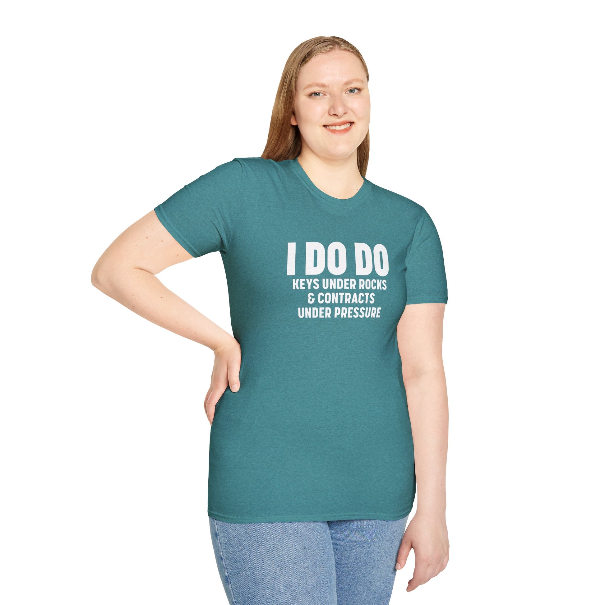 I DO DO KEYS UNDER ROCKS & CONTRACTS UNDER PRESSURE:  Unisex Softstyle T-Shirt for Real Estate Professionals