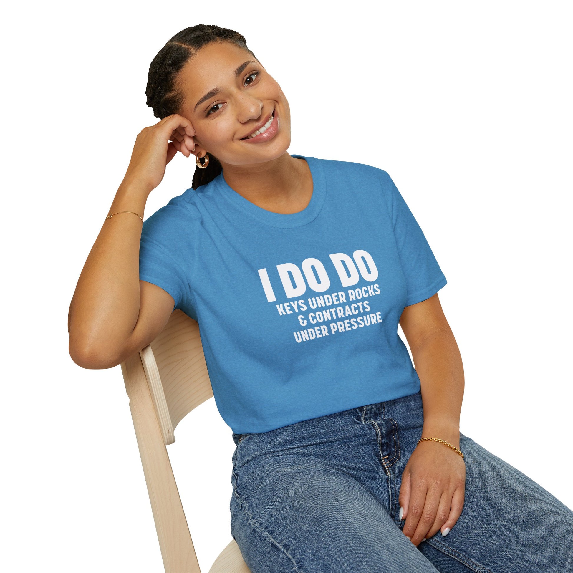 I DO DO KEYS UNDER ROCKS & CONTRACTS UNDER PRESSURE:  Unisex Softstyle T-Shirt for Real Estate Professionals