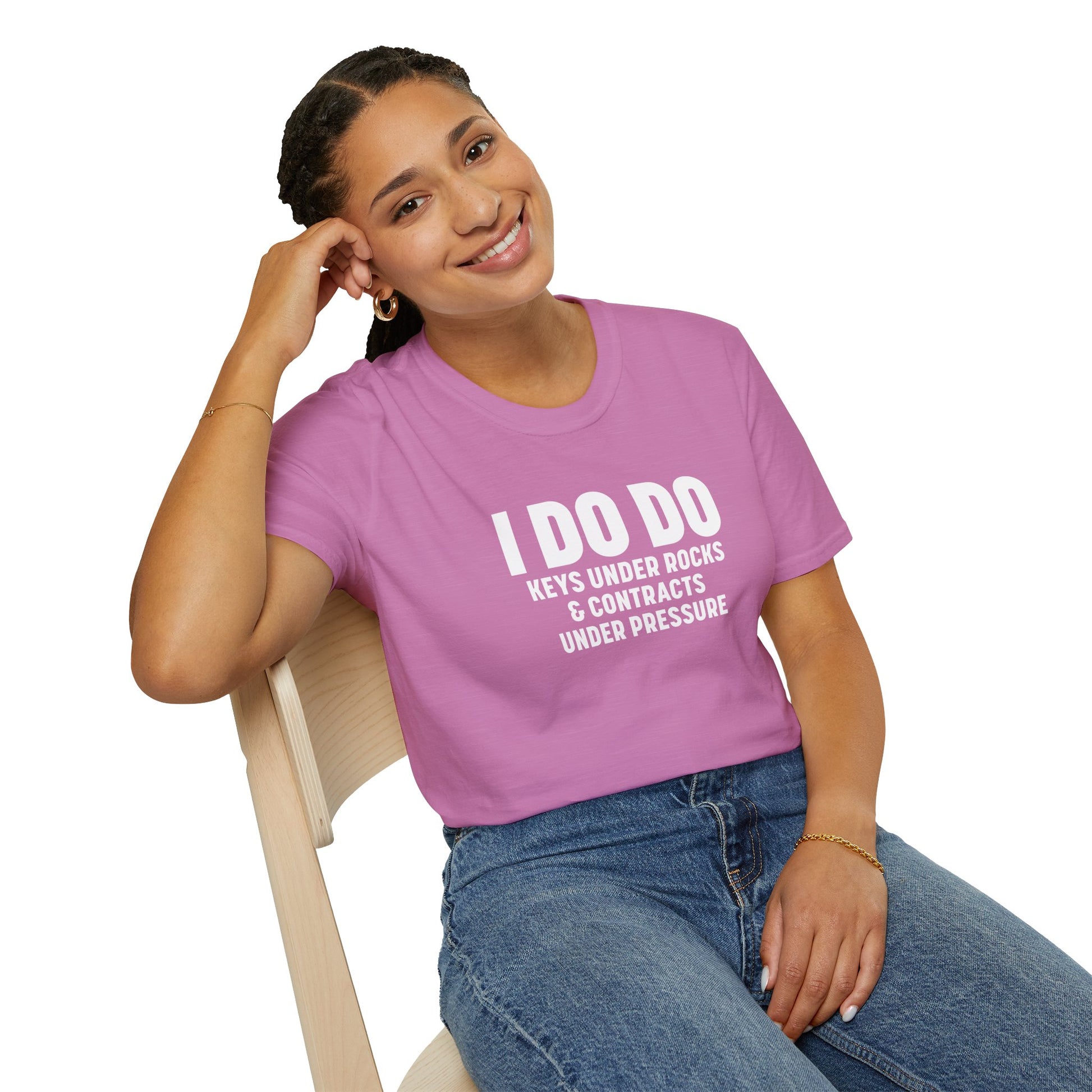 I DO DO KEYS UNDER ROCKS & CONTRACTS UNDER PRESSURE:  Unisex Softstyle T-Shirt for Real Estate Professionals